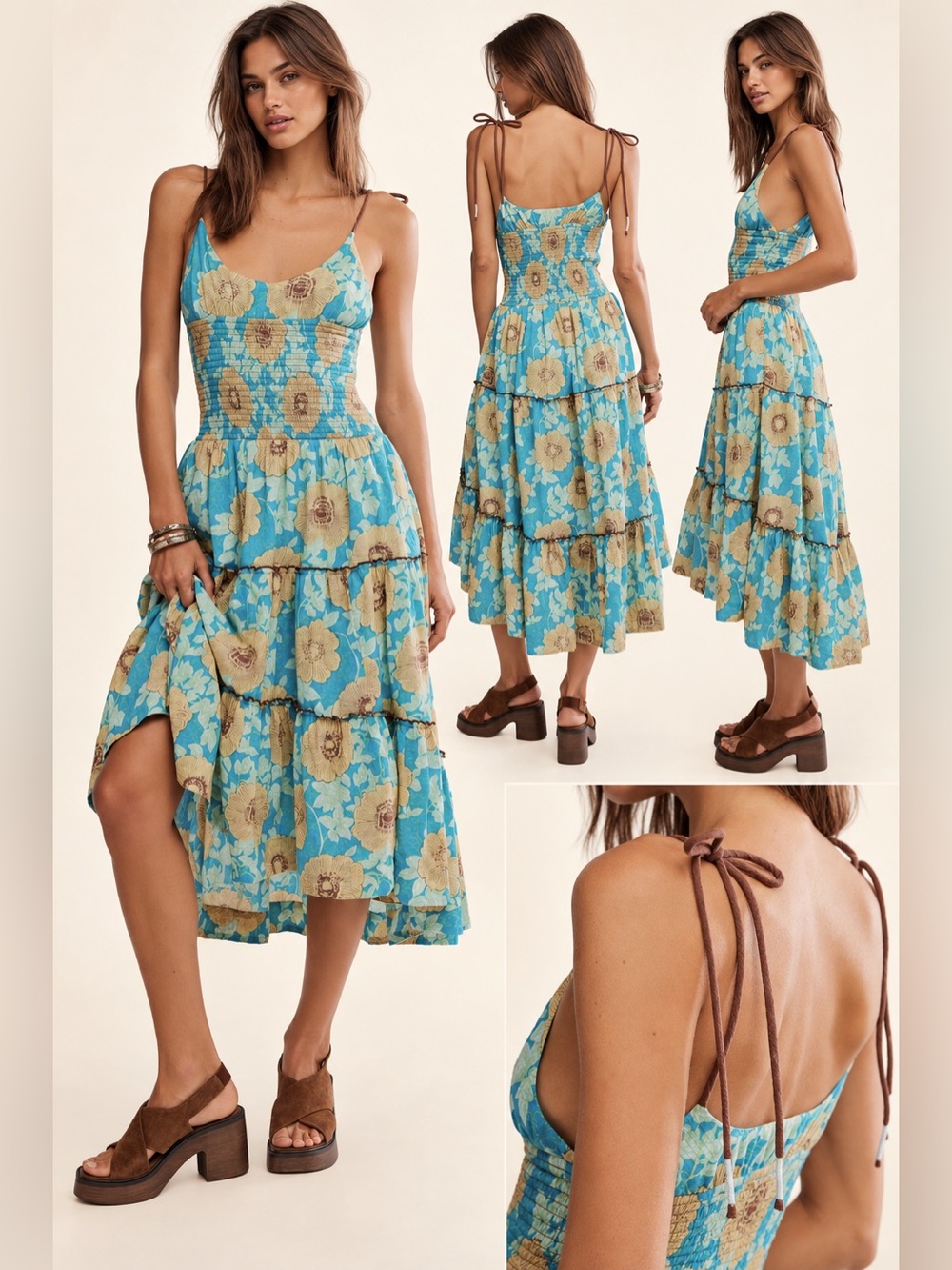 Free People $168 Adriel Floral Tie Strap Tiered Midi Dress XL